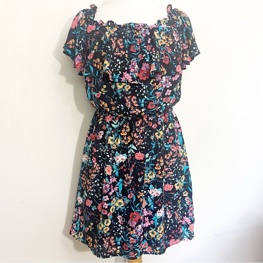 Express Ruffle Neck Lined Floral Chiffon Elastic Waist Multicolor Black Dress M